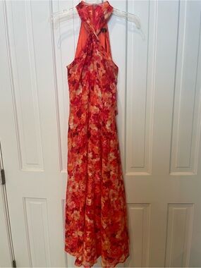 Floral Halter Maxi Dress in Vibrant Coral
